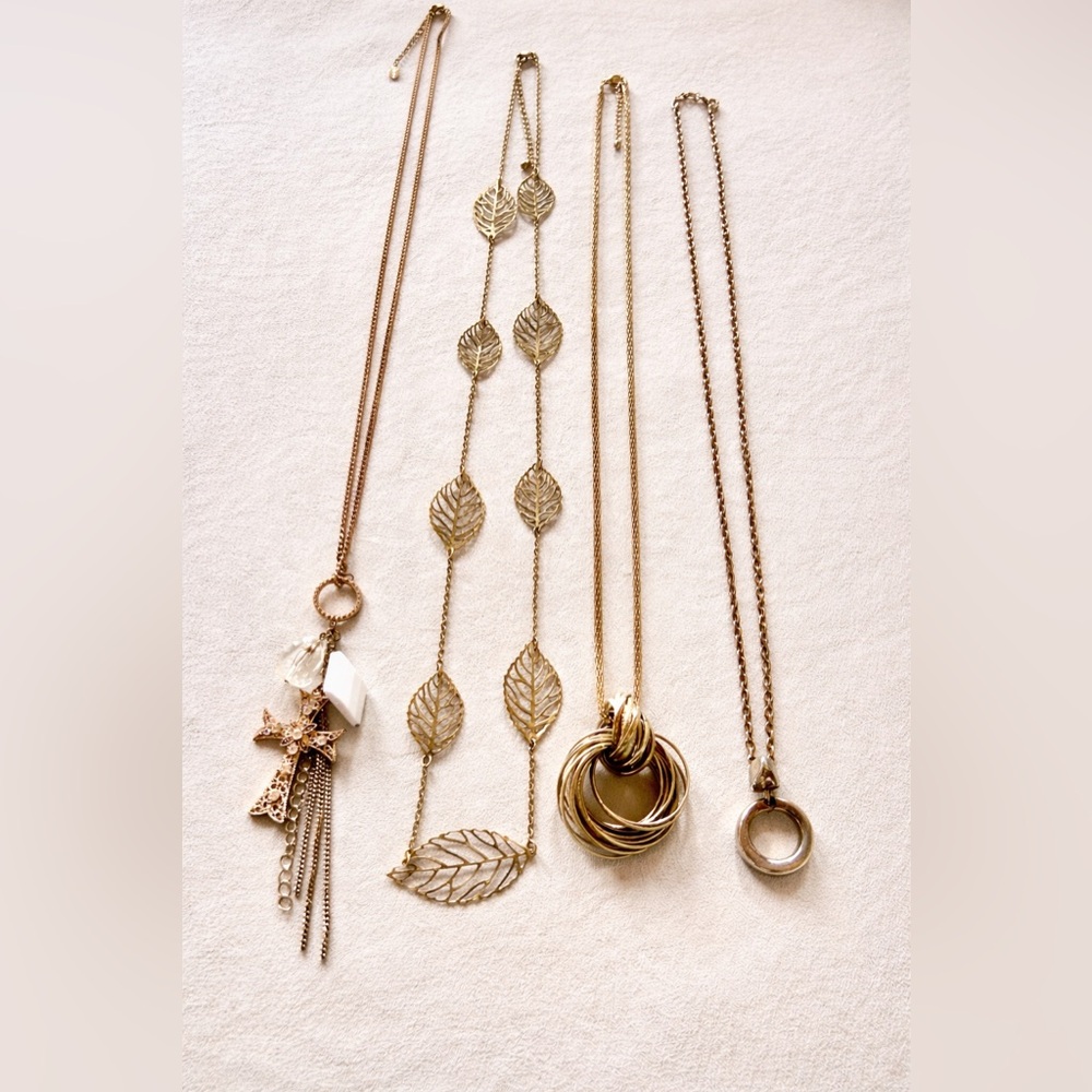 Gold Tone Necklace Bundle | ALDO Cross, Leaf Chain, Knot Pendant, Circle Pendant